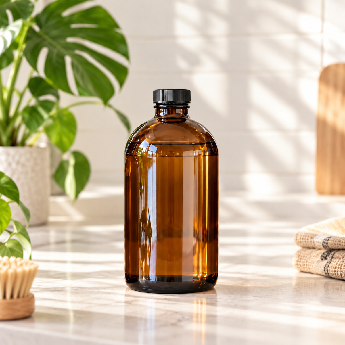 32 oz amber glass bottle with black cap filled with PurposeFill stain and odor remover refill in Bend, Oregon.