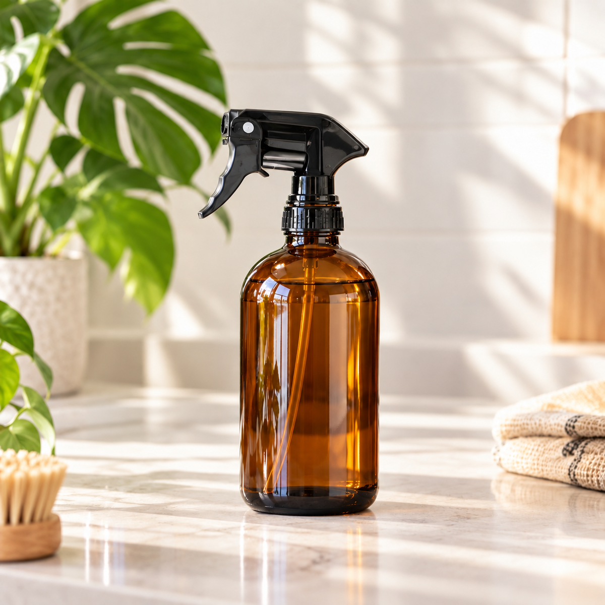 16 oz amber glass spray bottle of PurposeFill stain and odor remover refill in Bend, Oregon, styled in a bright, minimal home setting.